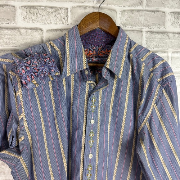 Robert Graham Designer Blue Embroidered Striped Flip Cuff Dress Shirt Mens XL - Picture 1 of 7